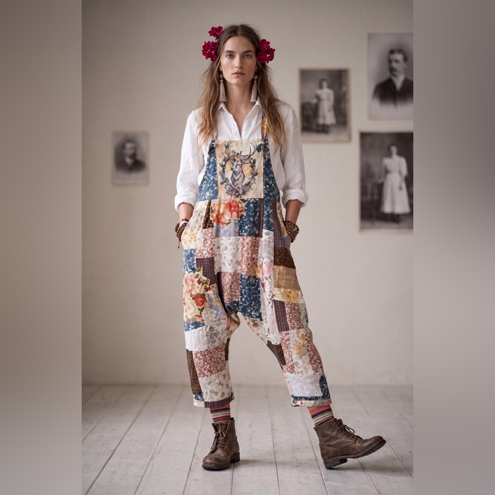 “Clochard de Luxe” Patchwork Floral Overalls in Blue, Cream & Brown - Picture 12 of 12